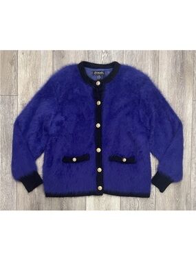 Vtg Venesha 80% Angora Blue Soft Fuzzy Fluffy Gold Button Sweater Jacket L 46”
